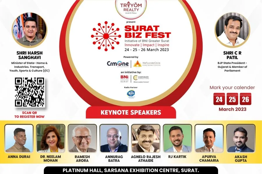 BNI hosts the biggest business festival, “The Surat Biz Fest,” presented by Tryom Realty, powered by CRMONE and We Founder Circle.