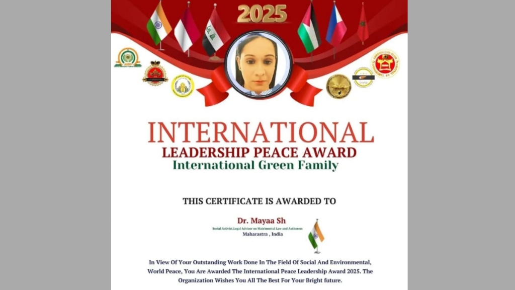 Mayaa SH Felicitated With “International Leadership Peace Award”